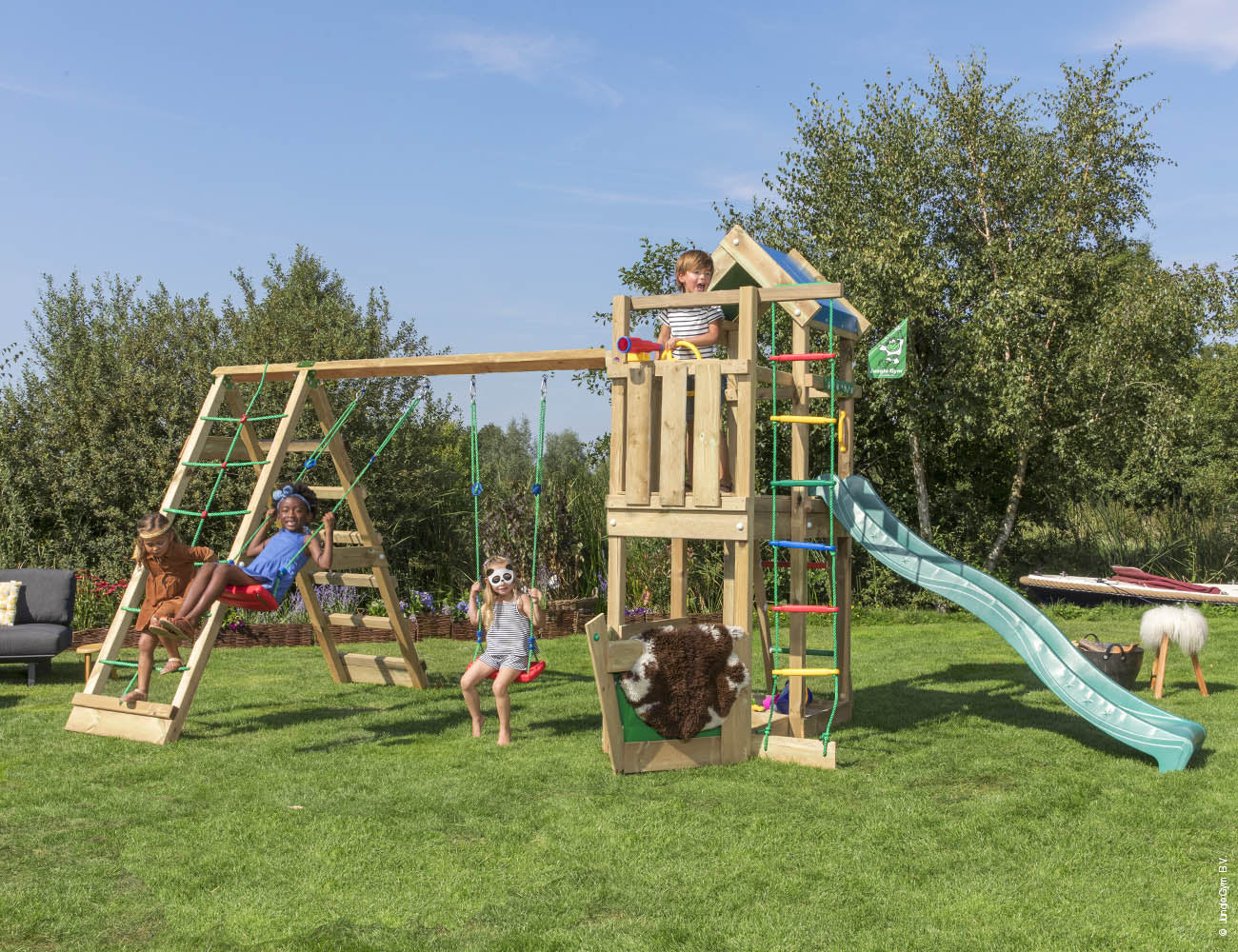 jungle-gym-jungle-viking-castello-da-arrampicata-in-legno-con-altalene-e-rete-da image 1