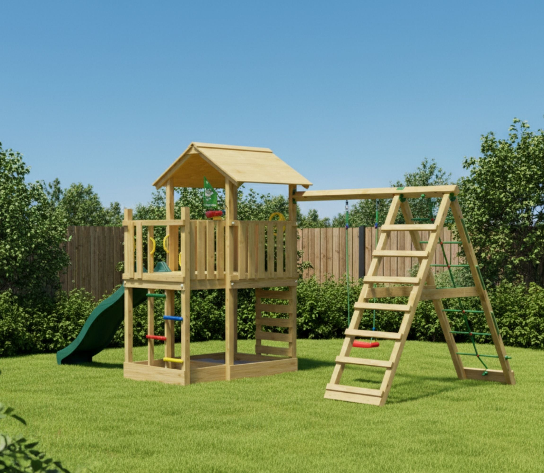 jungle-gym-jungle-chateau-castello-in-legno-con-scivolo-altalena-e-rete-di-arram image 2