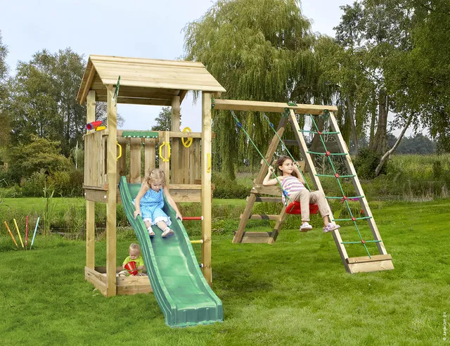 jungle-gym-casa-casa-gioco-in-legno-con-altalena-e-rete-di-arrampicata image 1