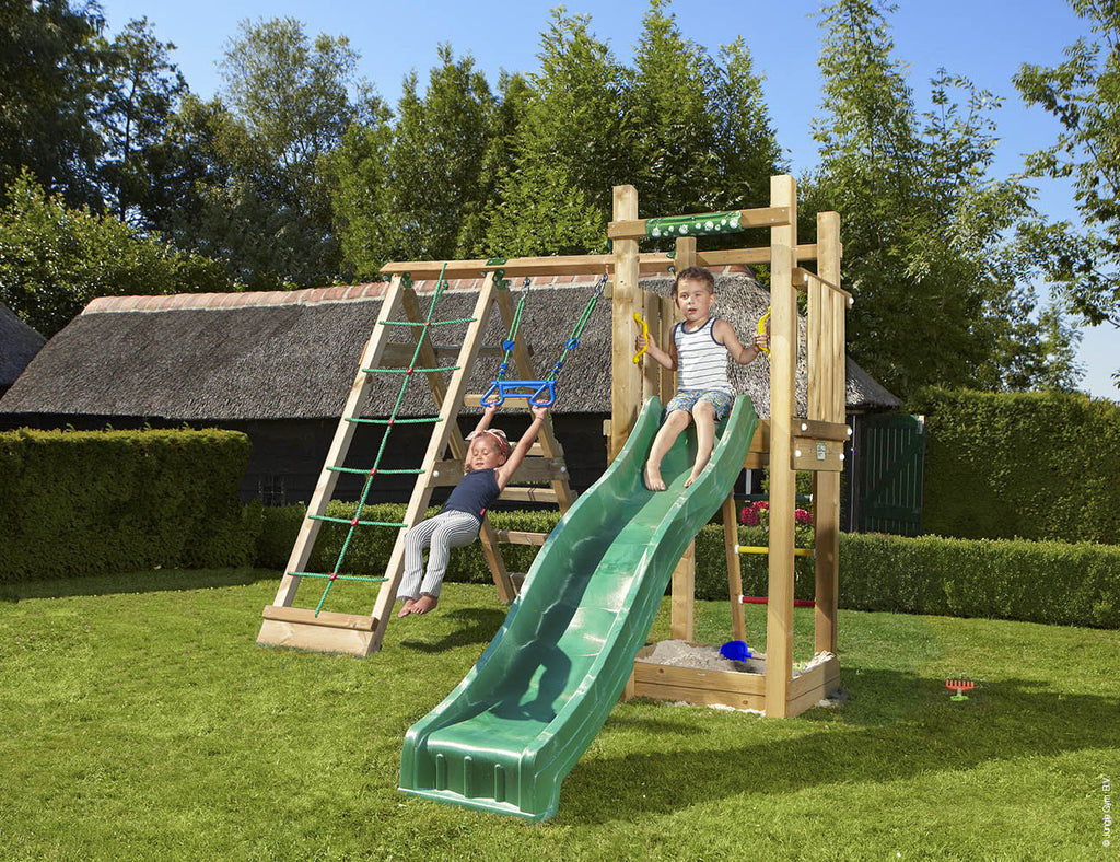 jungle-gym-jungle-tower-castello-in-legno-compatto-con-altalena-e-rete-di-arramp image 1