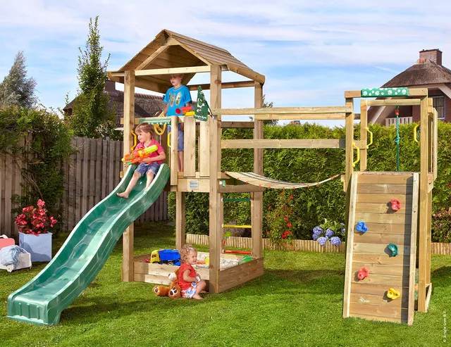 jungle-gym-jungle-house-parco-giochi-in-legno-con-scivolo-e-ponte-traballante image 1