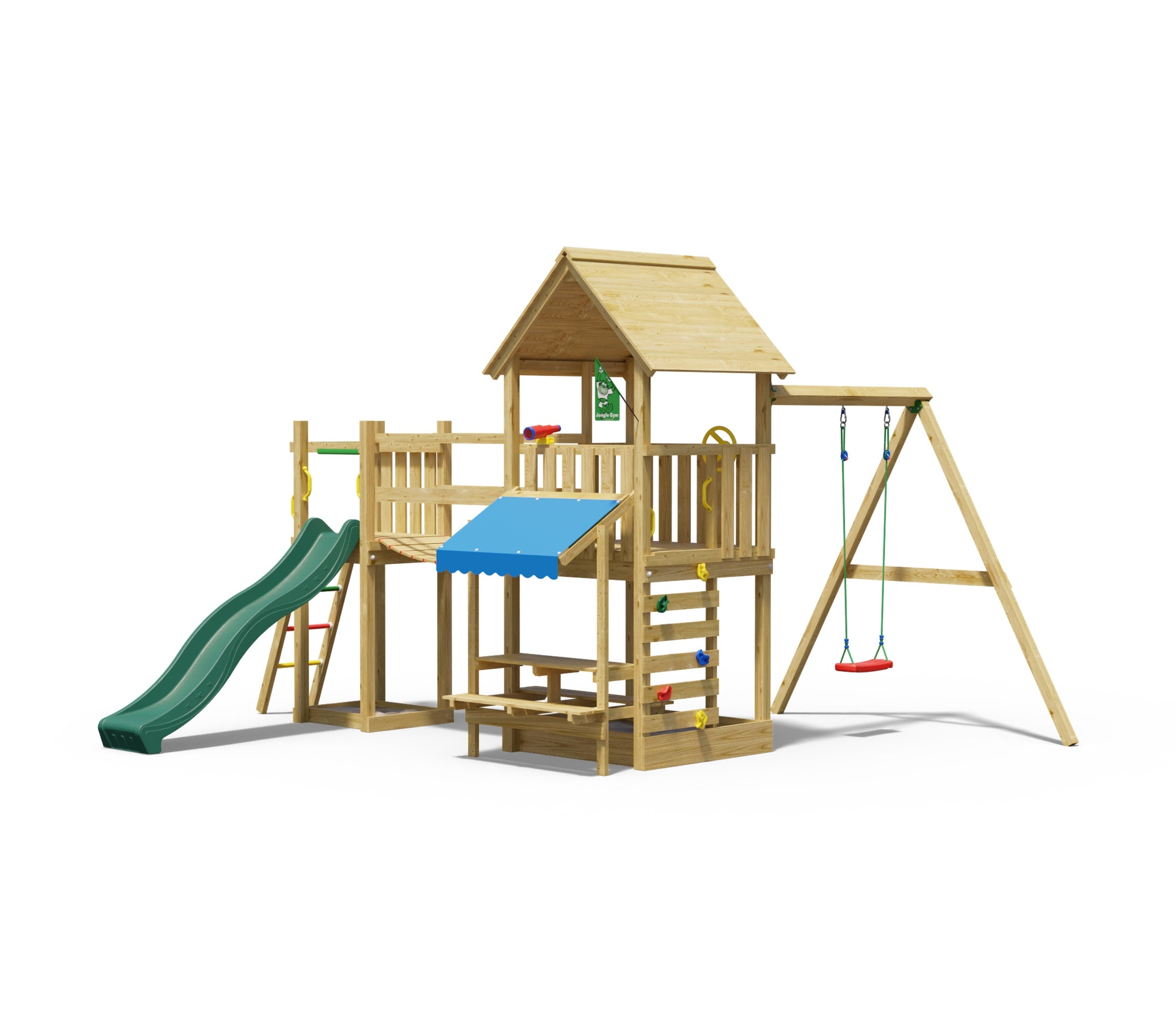 jungle-gym-jungle-bay-castello-arrampicata-in-legno-con-scivolo-altalena-ponte-e image 1