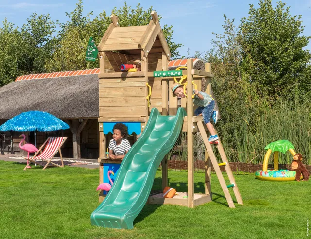jungle-gym-jungle-resort-torre-gioco-in-legno-con-scivolo-e-bancarella-del-merca image 1