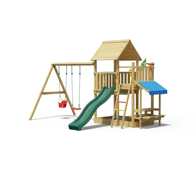 jungle-gym-jungle-lagoon-castello-in-legno-con-doppia-altalena-scivolo-ondulato- image 1