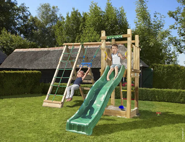 jungle-gym-jungle-tower-castello-in-legno-compatto-con-altalena-e-rete-di-arramp image 1