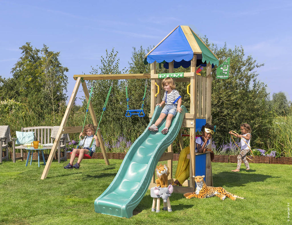 jungle-gym-jungle-cirque-parco-giochi-in-legno-con-doppia-altalena-scivolo-e-tra image 1