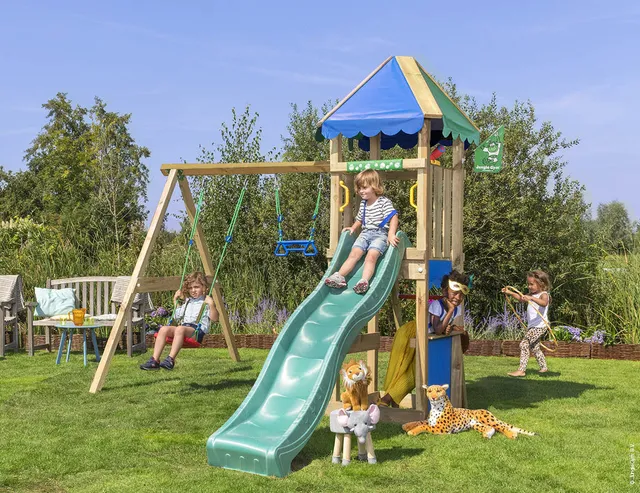 jungle-gym-jungle-cirque-parco-giochi-in-legno-con-doppia-altalena-scivolo-e-tra image 1
