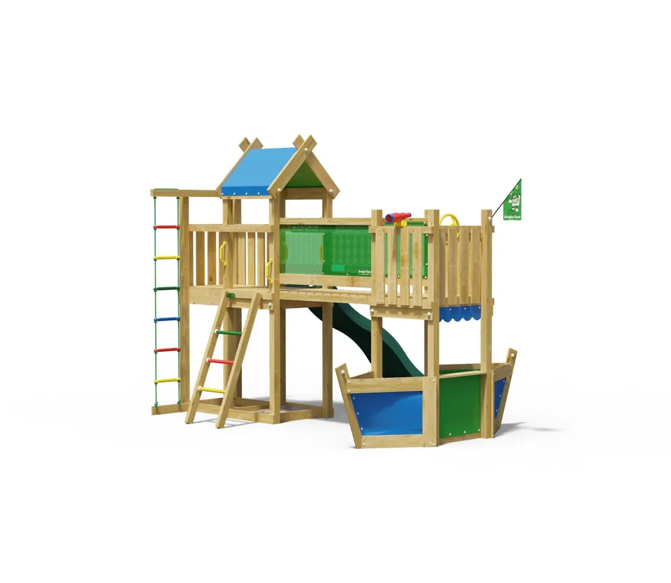jungle-gym-jungle-warrior-castello-arrampicata-in-legno-con-scivolo-e-bancarella image 1