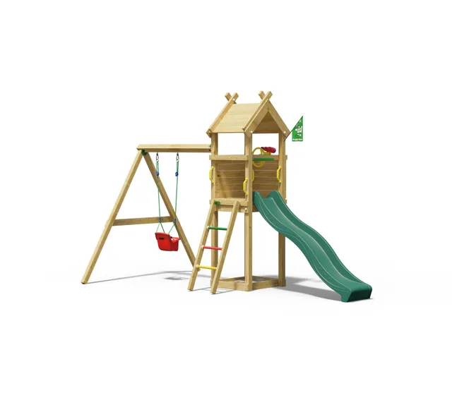 jungle-gym-jungle-tent-castello-in-legno-con-scivolo-playdeck-scala-e-altalena-p image 1