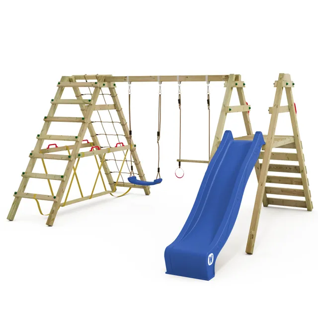 wickey-smart-shake-altalena-doppia-in-legno-per-bambini-con-scivolo-blu-e-modulo image 1