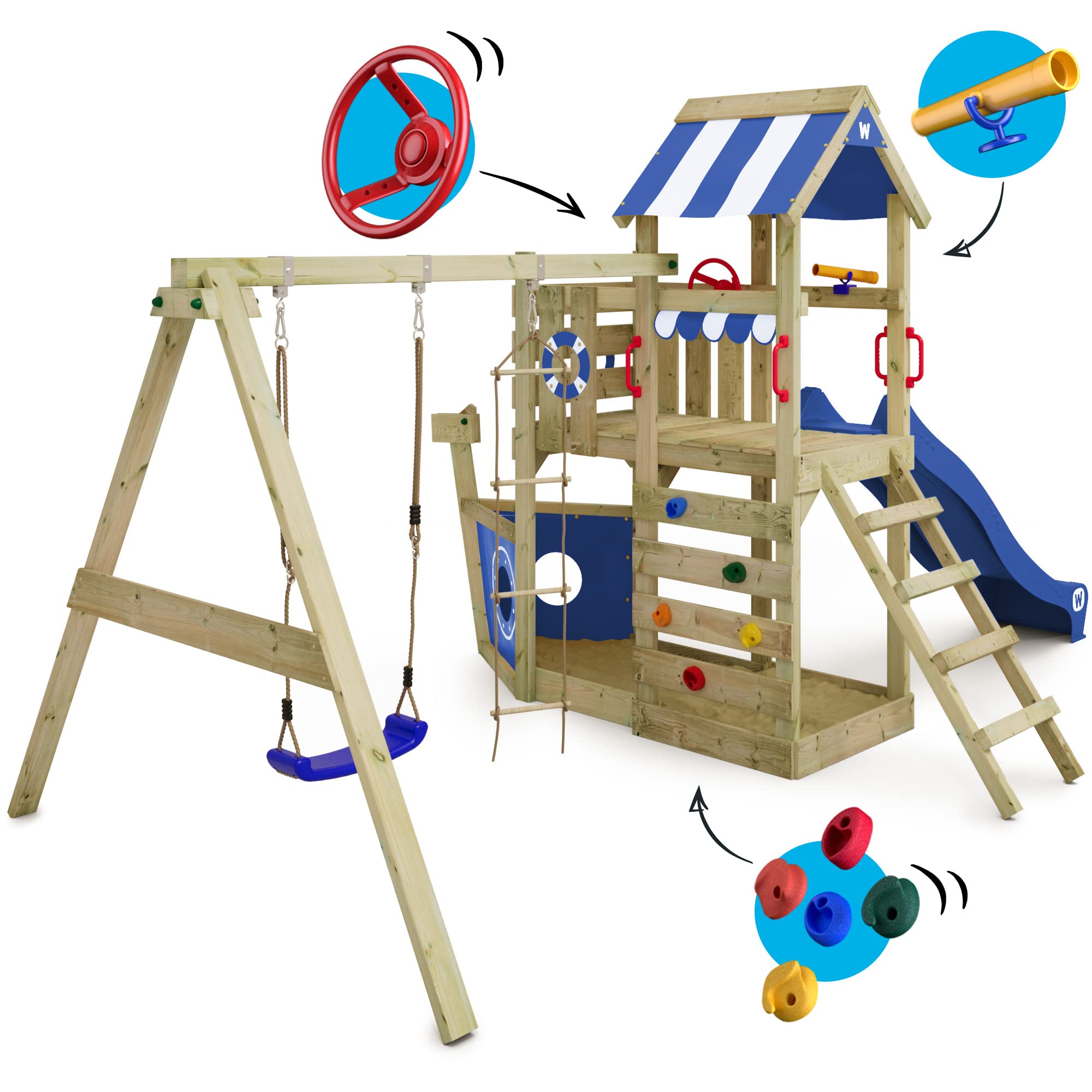 wickey-seaflyer-gioco-da-giardino-in-legno-con-altalena-scivolo-blu-sabbiera-e-a image 2