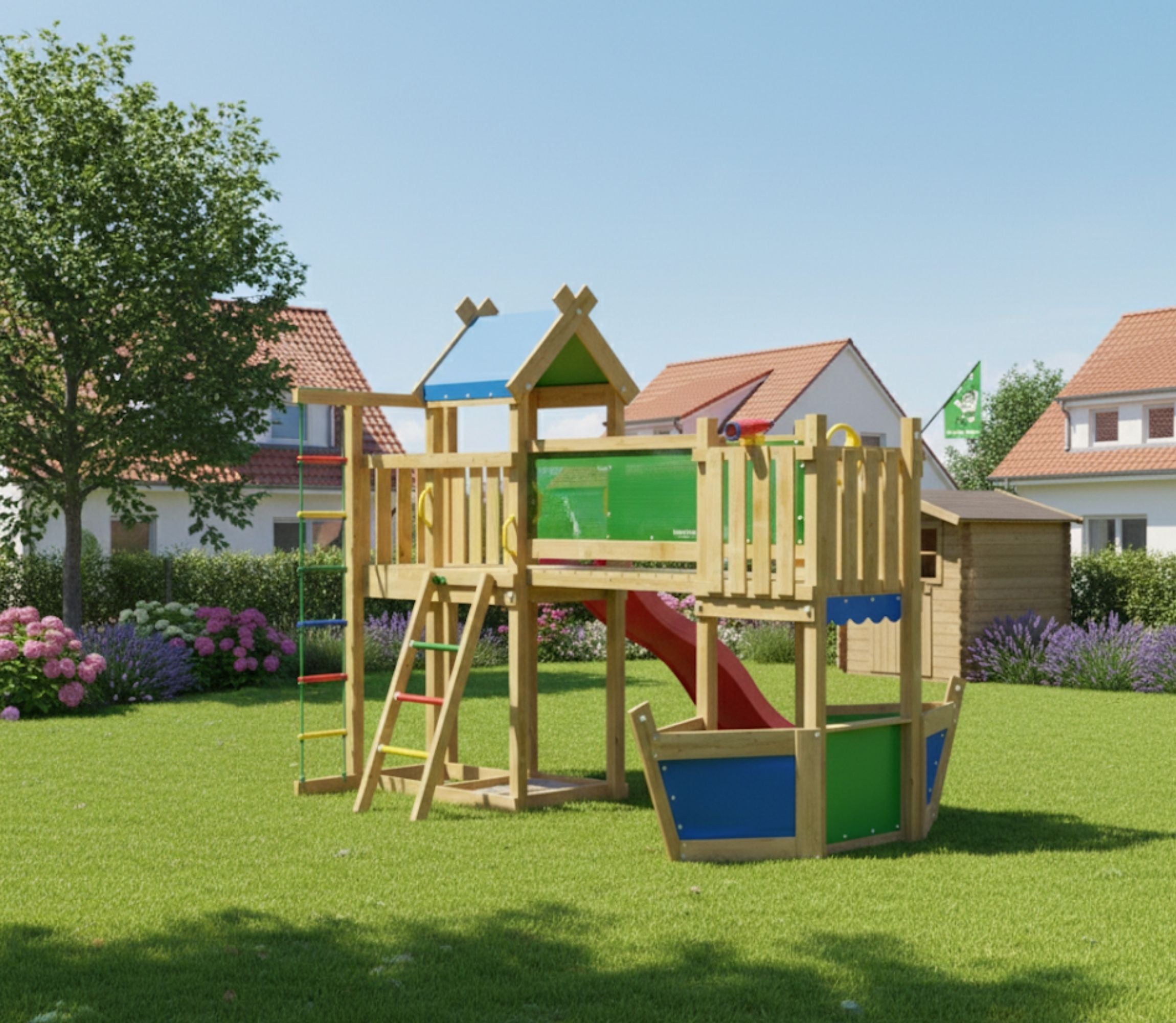 jungle-gym-jungle-warrior-castello-arrampicata-in-legno-con-scivolo-e-bancarella image 2