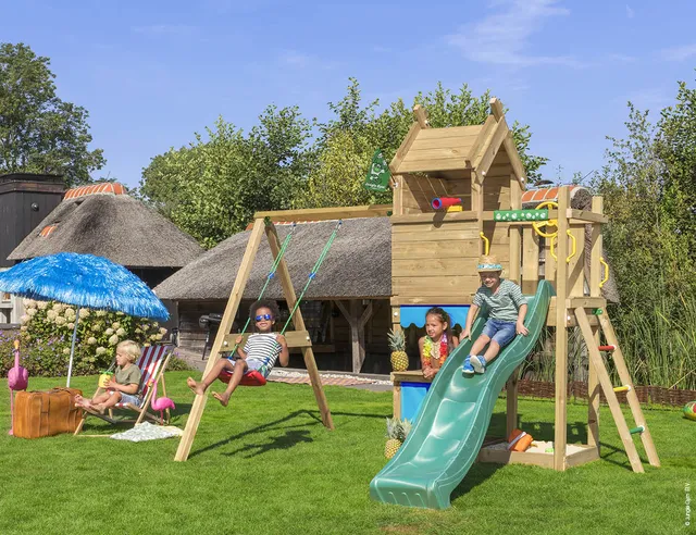jungle-gym-jungle-resort-torre-casetta-in-legno-con-altalena-scivolo-bancarella- image 1