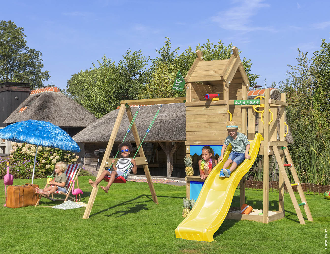 jungle-gym-jungle-resort-torre-casetta-in-legno-con-altalena-scivolo-bancarella- image 7