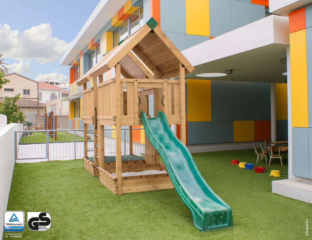 hy-land-p4-castello-arrampicata-commerciale-in-legno-con-due-piattaforme-coperte image 1