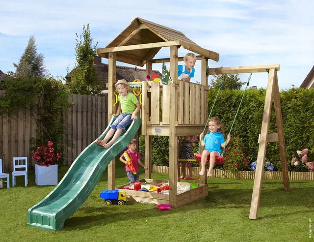 jungle-gym-jungle-house-casa-da-gioco-in-legno-con-altalena-e-scivolo-ondulato-s image 1