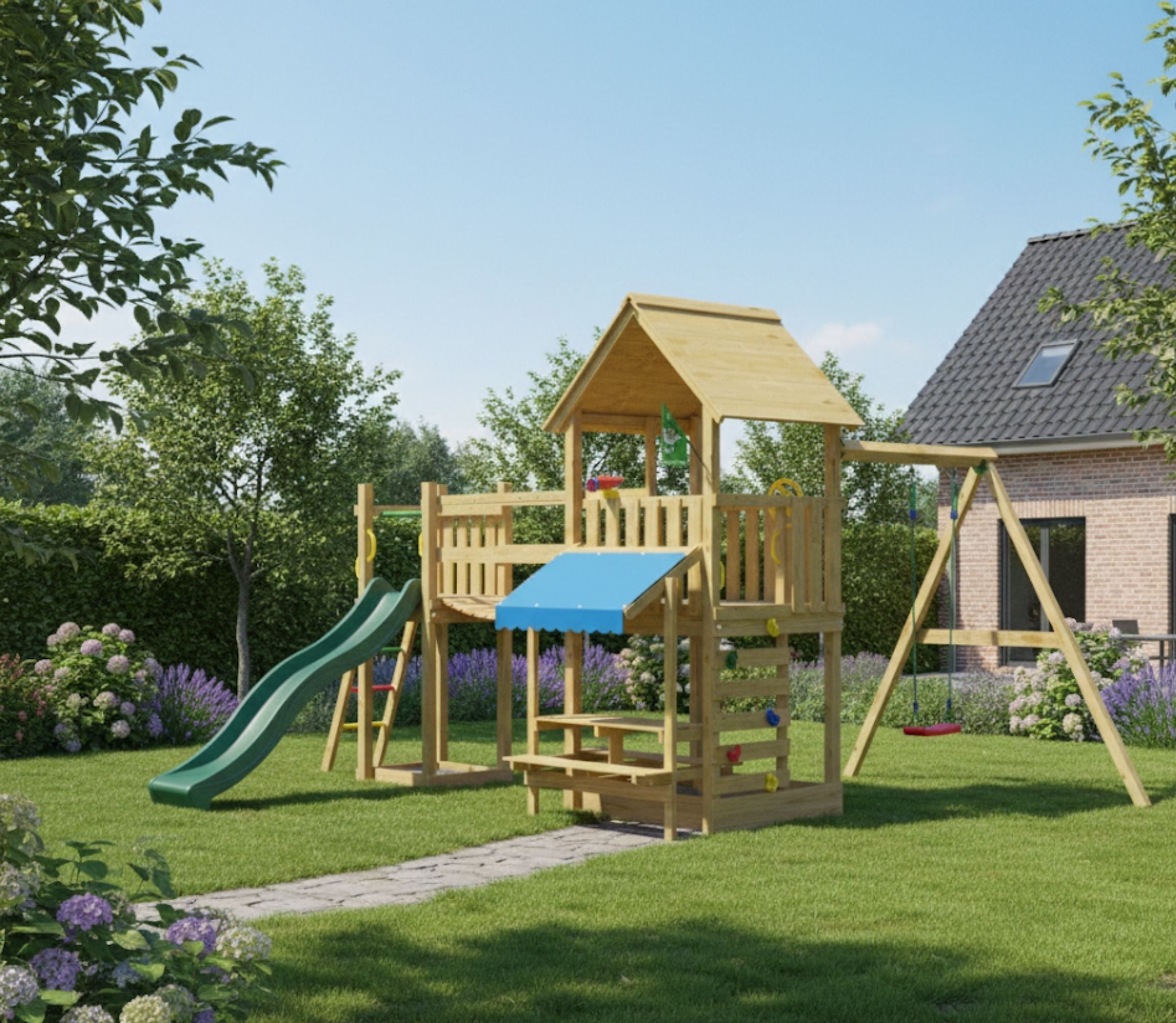 jungle-gym-jungle-bay-castello-arrampicata-in-legno-con-scivolo-altalena-ponte-e image 2