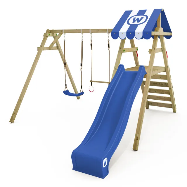 wickey-smart-ace-altalena-doppia-in-legno-per-giardino-con-scivolo-blu-e-scalett image 1