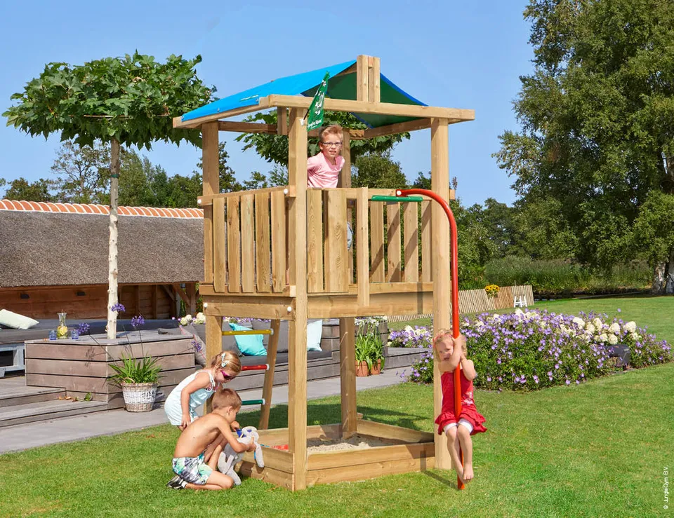 jungle-gym-jungle-hut-castello-arrampicata-in-legno-con-palo-dei-pompieri-sabbie image 1