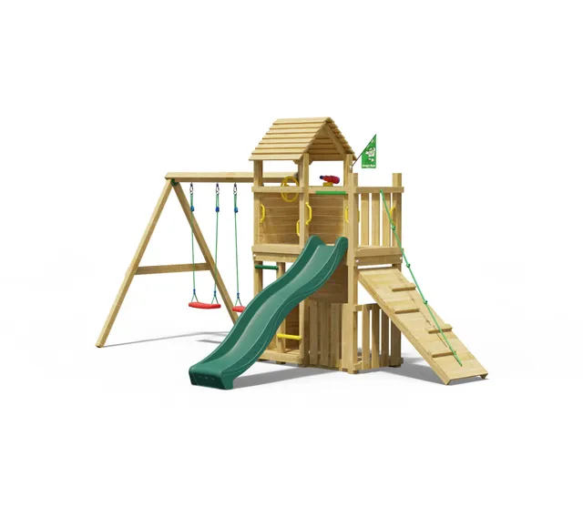 jungle-gym-argos-casa-gioco-in-legno-con-scivolo-doppia-altalena-e-veranda image 1