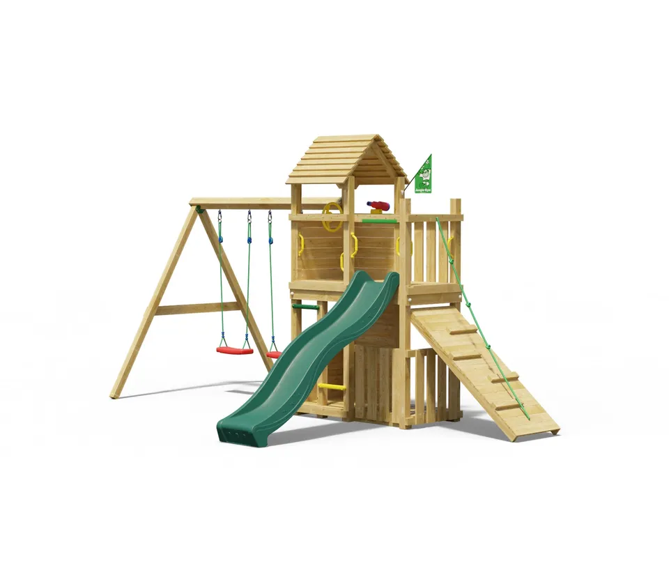 jungle-gym-argos-casa-gioco-in-legno-con-scivolo-doppia-altalena-e-veranda image 1