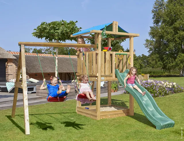 jungle-gym-jungle-hut-castello-in-legno-con-doppia-altalena-scivolo-e-scala-di-a image 1