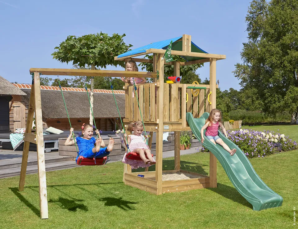 jungle-gym-jungle-hut-castello-in-legno-con-doppia-altalena-scivolo-e-scala-di-a image 1