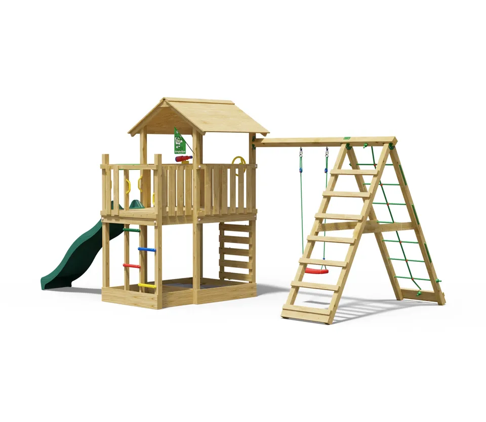 jungle-gym-jungle-chateau-castello-in-legno-con-scivolo-altalena-e-rete-di-arram image 1