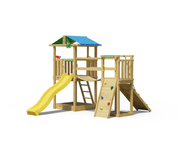 jungle-gym-jungle-hut-telaio-in-legno-con-scivolo-ponte-mobile-e-parete-da-arram image 6