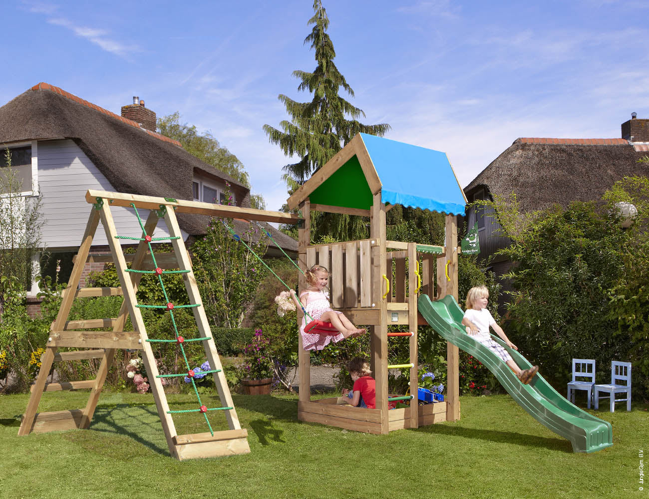 jungle-gym-jungle-home-castello-da-arrampicata-in-legno-con-altalena-e-rete-da-a image 1
