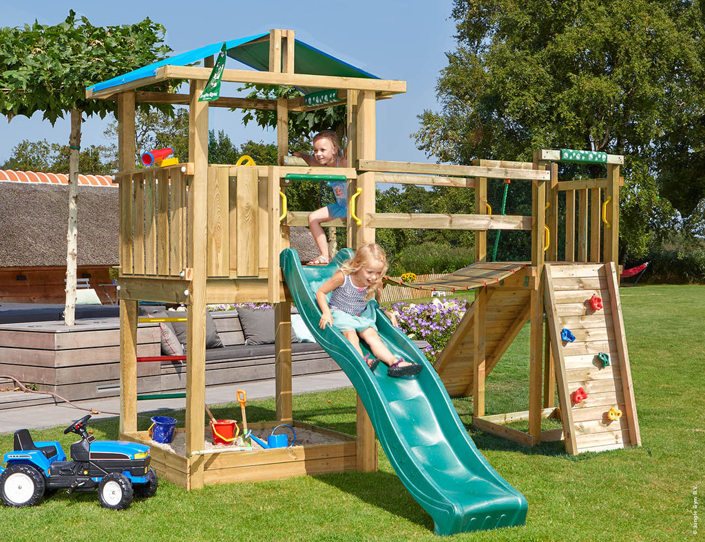 jungle-gym-jungle-hut-telaio-in-legno-con-scivolo-ponte-mobile-e-parete-da-arram image 1