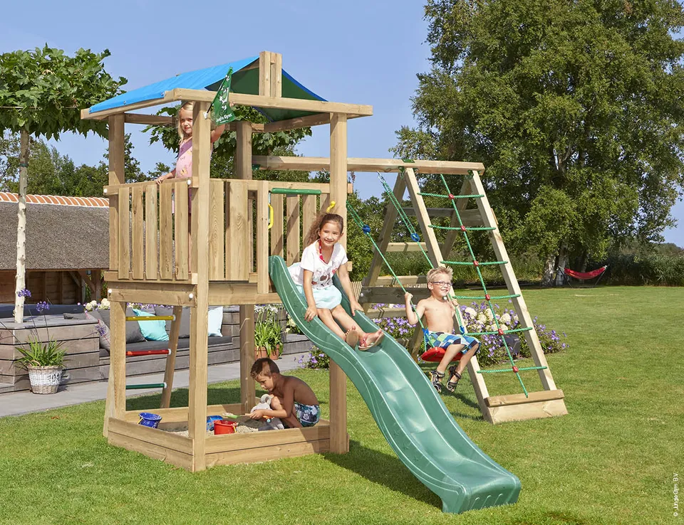 jungle-gym-jungle-hut-castello-arrampicata-in-legno-con-scivolo-altalena-e-rete- image 1