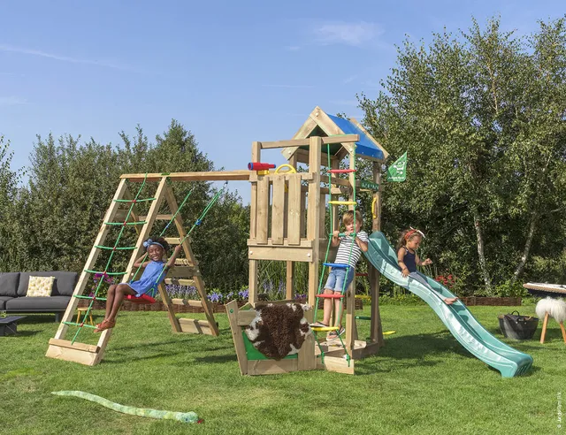 jungle-gym-jungle-viking-castello-arrampicata-in-legno-con-altalena-e-rete-da-ar image 1