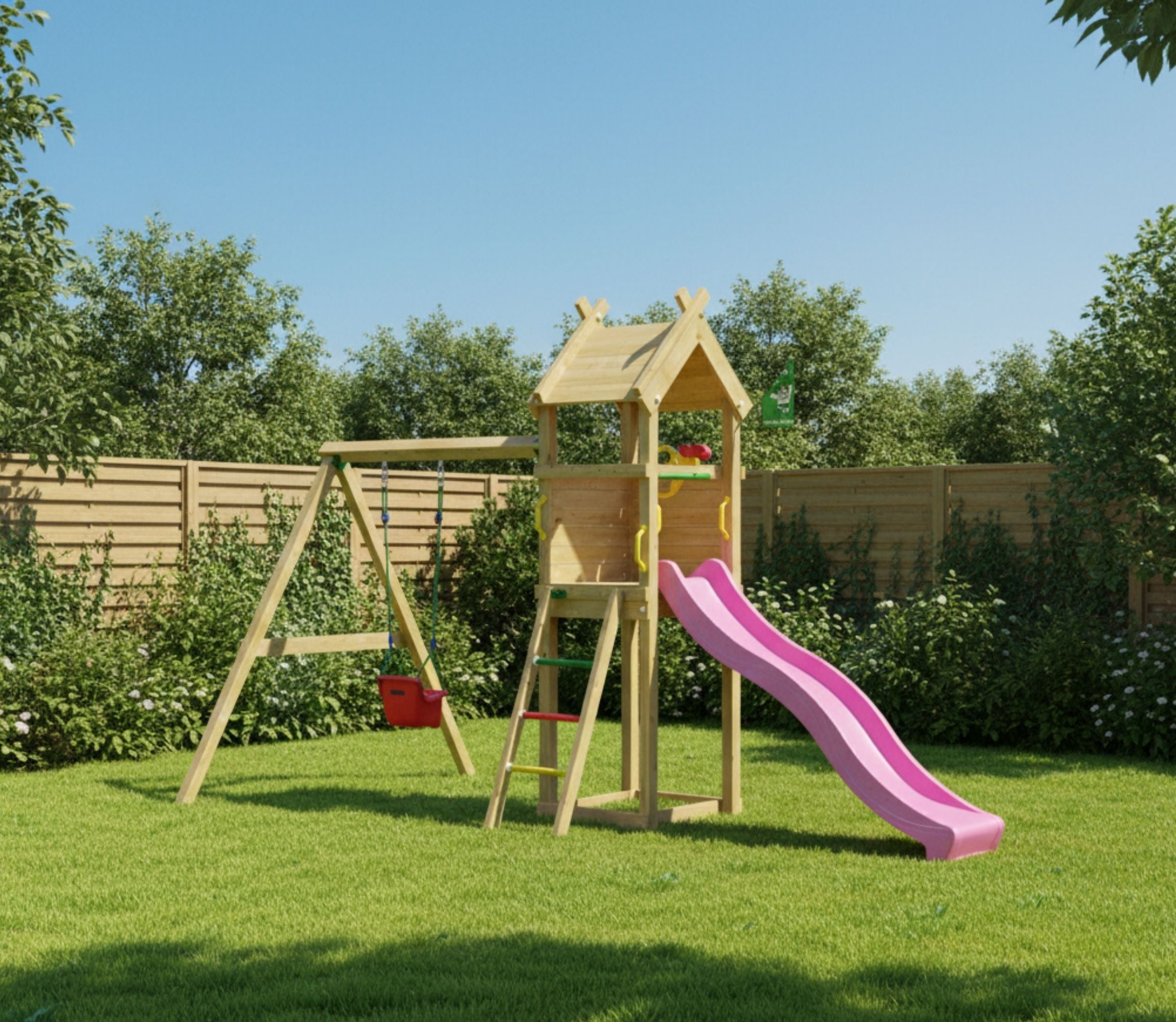 jungle-gym-jungle-tent-castello-in-legno-con-scivolo-playdeck-scala-e-altalena-p image 2