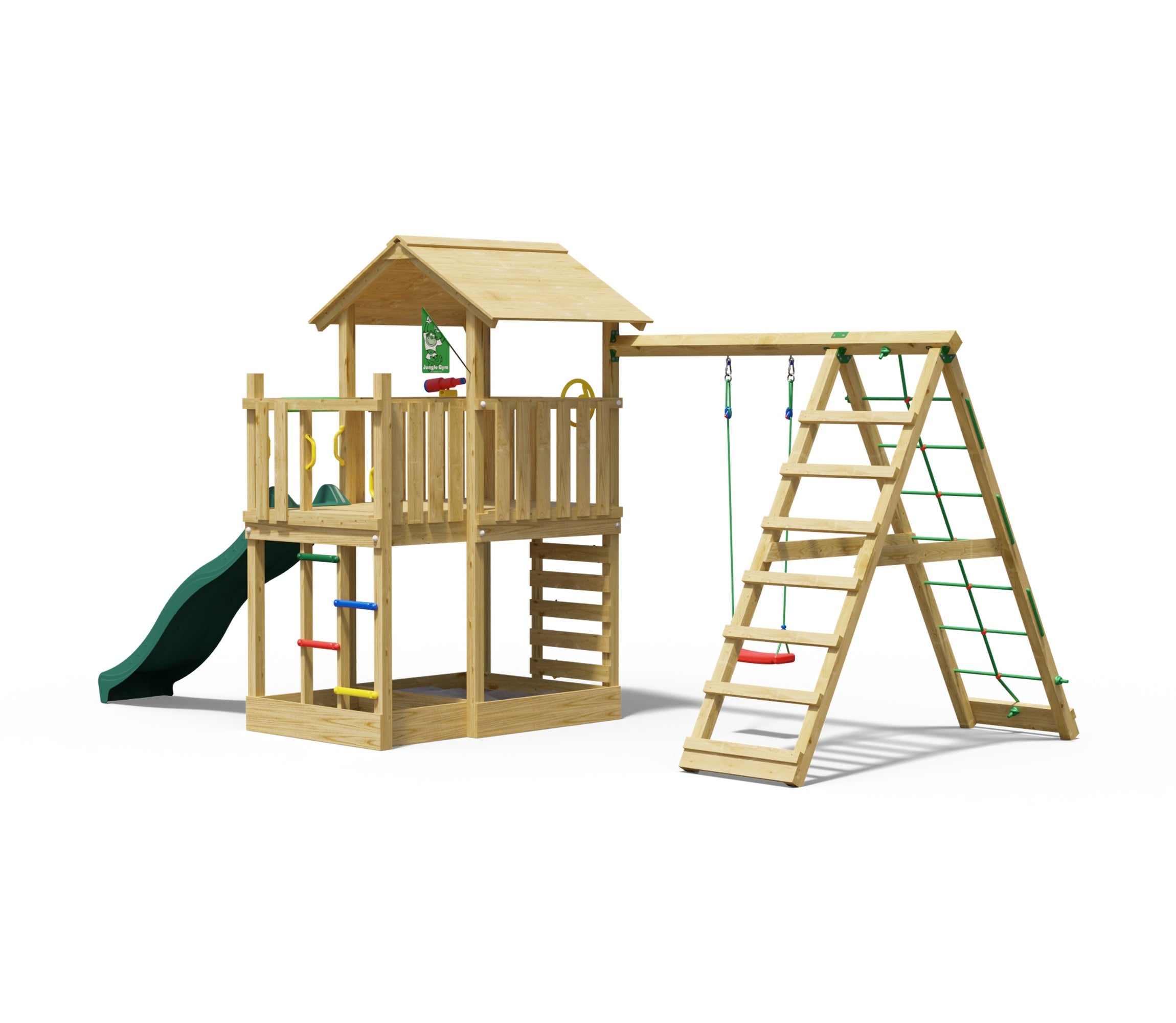 jungle-gym-jungle-chateau-castello-in-legno-con-scivolo-altalena-e-rete-di-arram image 1