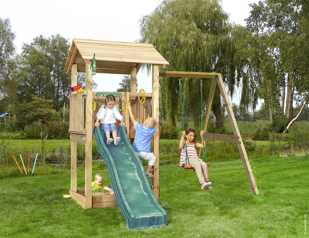 jungle-gym-jungle-casa-casa-da-gioco-in-legno-con-altalena-set-arrampicata-e-sci image 1