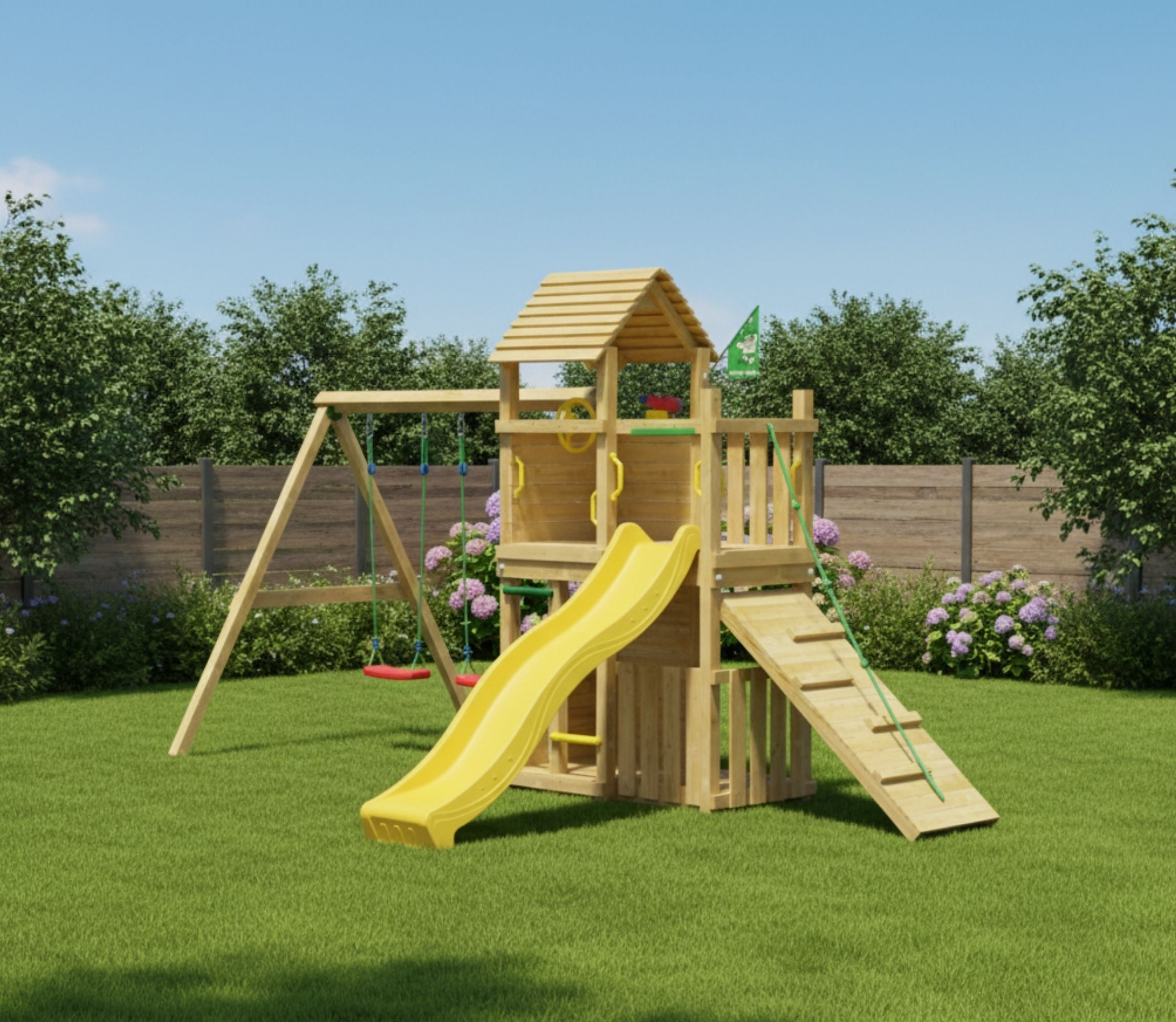 jungle-gym-argos-casa-gioco-in-legno-con-scivolo-doppia-altalena-e-veranda image 2
