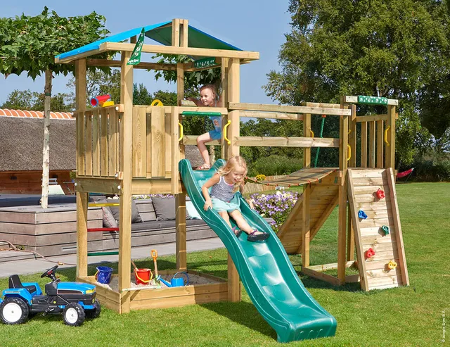 jungle-gym-jungle-hut-telaio-in-legno-con-scivolo-ponte-mobile-e-parete-da-arram image 1